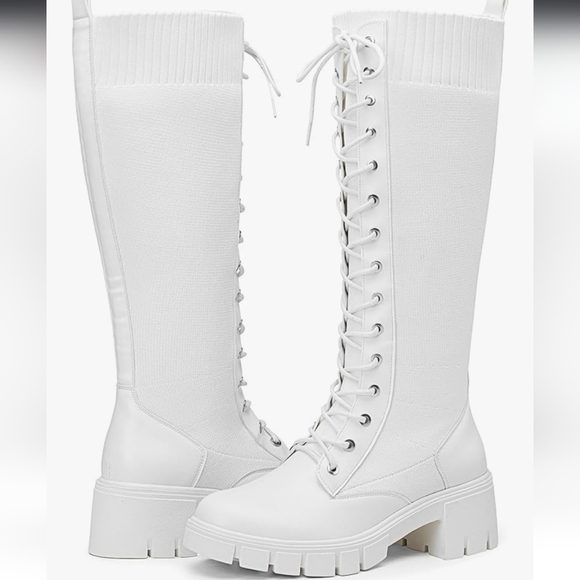 Vepose Shoes - Women's White Knee-High Lace-Up Boots PU and Knit Material New